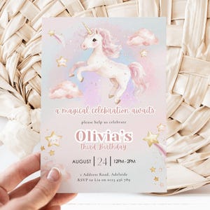 Unicorn 3rd Birthday Invitation Girl, Magical Rainbow Party Invite, Editable Canva Template, Unicorn Birthday Digital Download