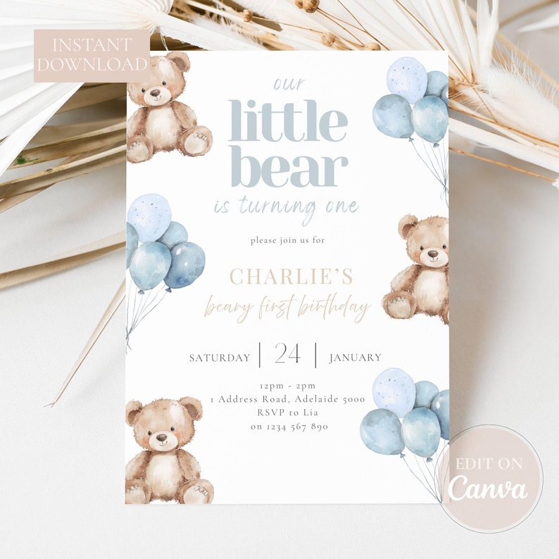 Editable teddy bear first birthday invitation in blue tones for baby boy, Beary First Birthday theme, printable Canva template.