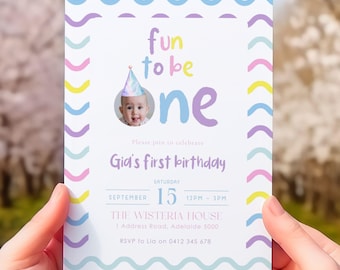Fun to Be One Birthday Invitation, Colorful First Birthday Invite, 1st Birthday Party Invite, Editable Canva Template, Digital Download