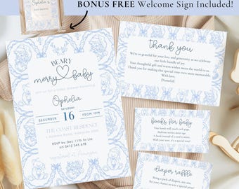 Blue Vintage Christmas Baby Shower Bundle: Printable Canva Set (Digital Download)