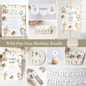 Wild One First Birthday Bundle, Safari Jungle Party Decor, Wild One Safari Birthday Set, 1st Birthday Bundle, Wild One 1st Birthday Invite