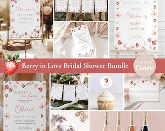 Berry in Love Bridal Shower Bundle, Strawberry Bridal Shower Decor, Editable Canva Template, Berry Theme Shower, Games, Signs, Invitation