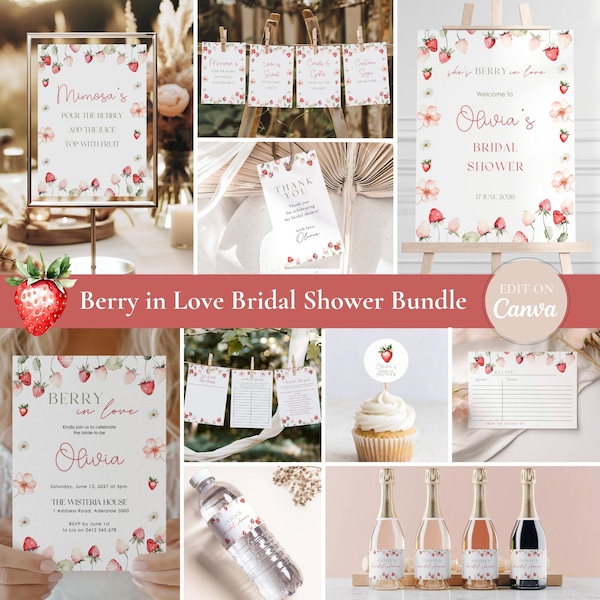 Berry in Love Bridal Shower Bundle, Strawberry Bridal Shower Decor, Editable Canva Template, Berry Theme Shower, Games, Signs, Invitation
