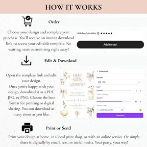 May include: A digital template guide showing how to order, edit, and download a design. The design features a "one silly goose" theme, with a sample invitation for "Hariette's 1st birthday". The image includes a download button and a shopping cart icon.