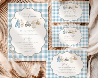 Uitnodigingsbundel babyshower boer, kleine boer onderweg, boerderijthema, bewerkbare canvassjabloon tractor
