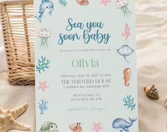 Sea You Soon Baby Shower Invitation: Ocean Theme (Editable Canva Template)