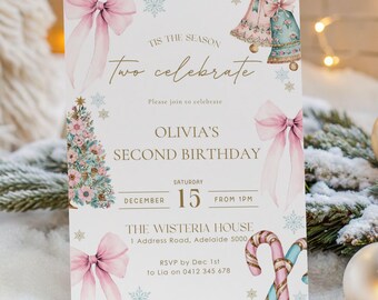 Editable Christmas Girl 2nd Birthday Invitation, Pink Bow Christmas Invite, Editable Snowflake Party, Elegant Winter 2nd Birthday Template