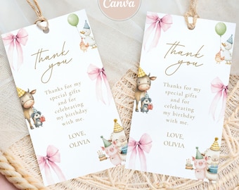 Pink Bow Barnyard Thank You Tag Template | Farm Animal Girl Birthday Party Favor Tag | Editable Canva Printable Download