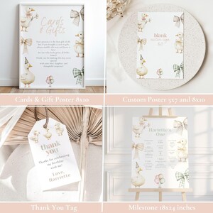 May include: A set of party decorations with duck illustrations, bows, and balloons. Includes a "Cards & Gifts" poster, a blank custom sign, a thank you tag, and a milestone poster. The color scheme is soft pastel shades.