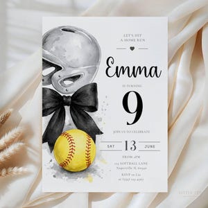May include: Softball-themed birthday invitation featuring a watercolor illustration of a softball helmet, a black bow, and a yellow softball. The invitation includes the text "Emma is turning 9" and event details.