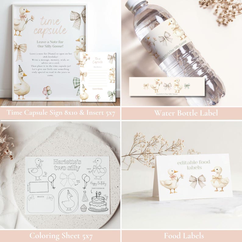 May include: Party supplies with a duck theme, including a framed sign with the text "time capsule", water bottle labels, colouring sheets, and food labels. The designs feature ducks, bows, and soft colours.