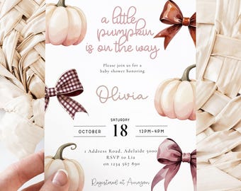 Zaproszenie na jesienny baby shower: Dyniowy baby shower, Mała dynia w drodze, Edytowalne pobranie cyfrowe