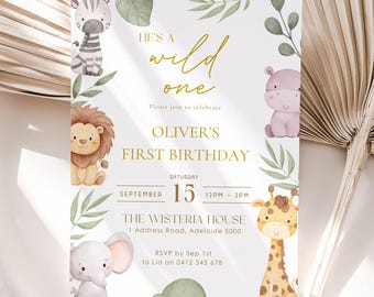 Safari Invitation, Wild One Birthday Invite, 1st Birthday Party Invite, Wild One Jungle Party Invitation, Editable Canva Template
