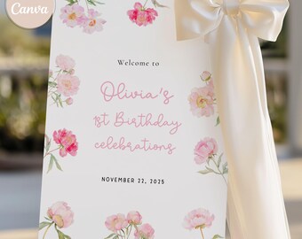 Pink Floral First Birthday Welcome Sign: Editable Canva 1st Birthday Poster Sign Template (Digital Download)