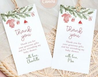 Christmas Baby Shower Thank You Tag, Personalised Gift Tag, Editable Holiday Baby Shower Decor, Winter Baby Printable Canva Template