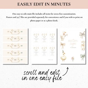 May include: A digital design template with the text "EASILY EDIT IN MINUTES". The design includes illustrations of ducks, bows, and floral elements. The text "scroll and edit in one easy file" is also present.