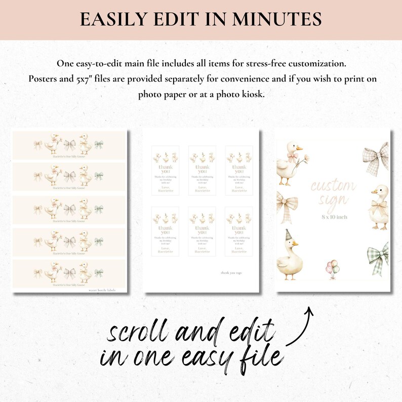 May include: A digital design template with the text "EASILY EDIT IN MINUTES". The design includes illustrations of ducks, bows, and floral elements. The text "scroll and edit in one easy file" is also present.
