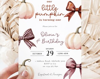 Pompoen eerste verjaardagsuitnodiging: Coquette Fall Party, bewerkbare sjabloon (digitale download)