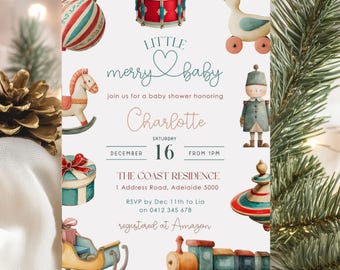 Christmas Vintage Boy Baby Shower Invitation: Editable Holiday Baby Shower Invite, Printable Canva Template, Digital Download