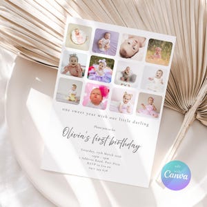 Editable 1st Birthday Photo Invitation, Minimalist First Birthday Invitation, 1st Birthday Invite with Photo, Canva template
