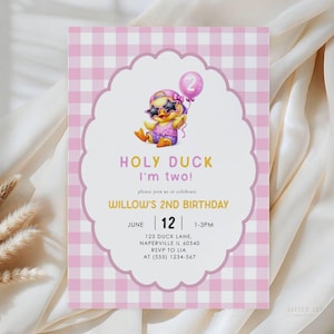 Inbjudan till "Holy Duck I'm Two", inbjudan till fest för andra året på Duck, rolig Canva-mall för två år