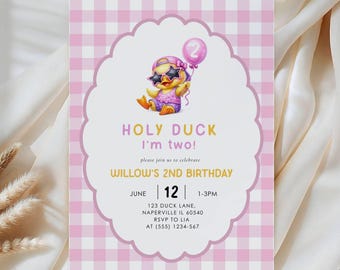 Holy Duck I’m Two Invitation, Duck 2nd Party Invite Girl, Funny Two Year Old Canva Template