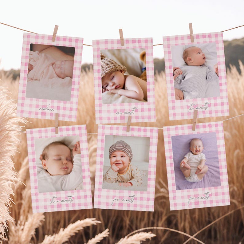 Editable pink gingham first birthday photo banner with 12 monthly milestone cards. Baby girl party decoration Canva template featuring soft pink checkered background and custom photo spots.