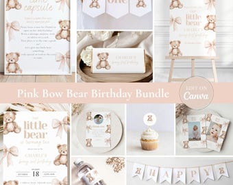 Pink Teddy Bear 1st Birthday Party Bundle (Digital Download)