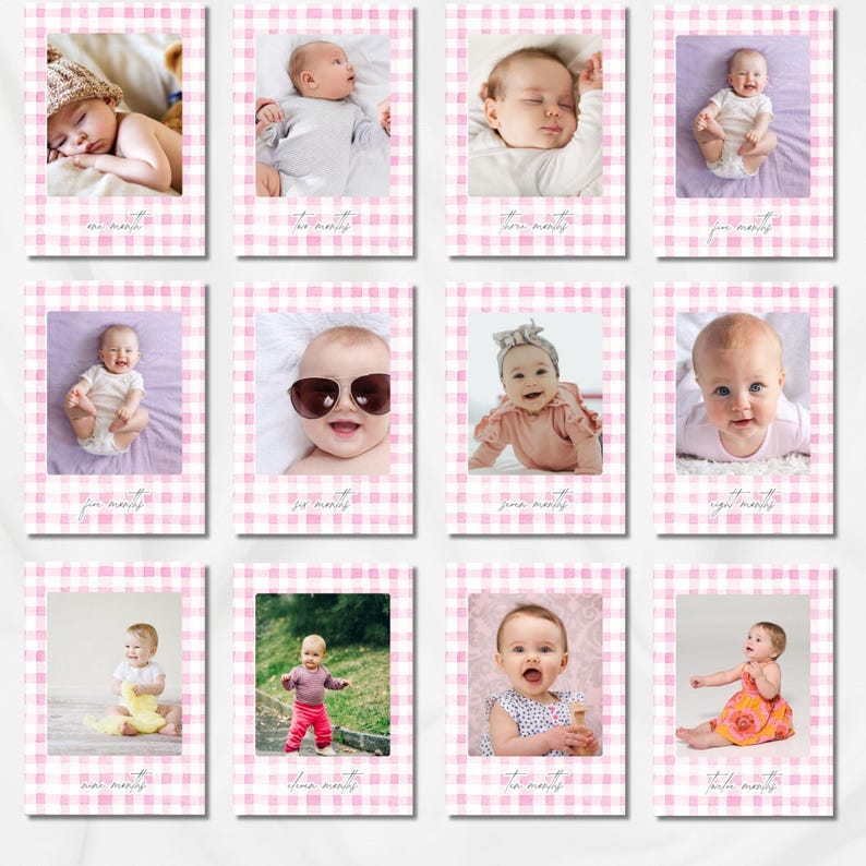 May include: A collection of twelve baby milestone cards with pink gingham borders. Each card features a different baby photo and a corresponding month label from one to twelve months. The cards are designed for capturing baby's monthly growth and development.