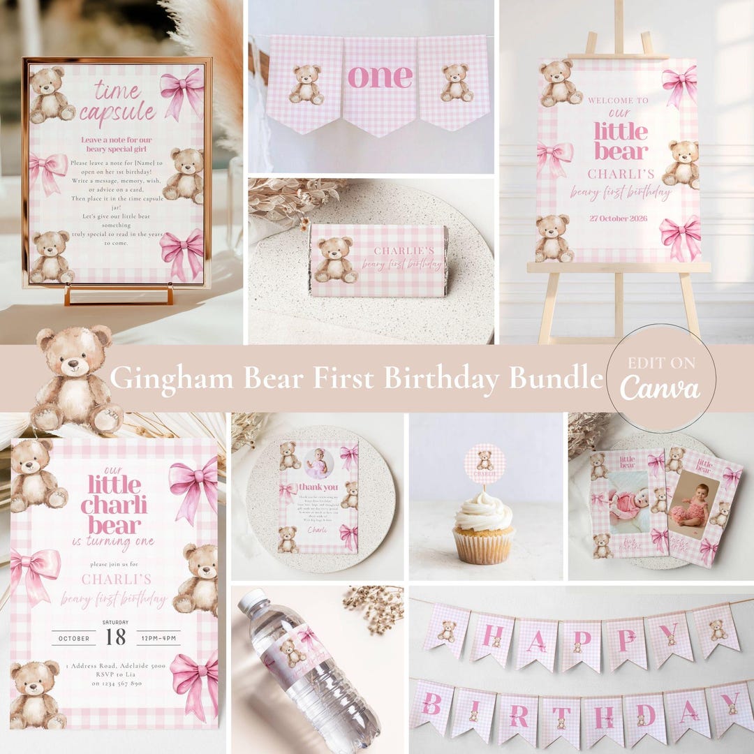 Pink Gingham Bear First Birthday Party Bundle (canva Digital Download ...