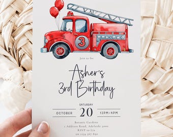 Fire Truck 3rd Birthday Invitation Boy | Editable Fireman Party Invite | Red Fire Engine Birthday | Instant Download | Canva Template