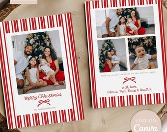 Red Stripe Christmas Photo Card Template, Candy Cane Holiday Card, Editable Family Photo Christmas Card, Printable Holiday Greeting Template
