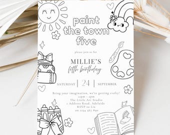 Paint the Town FIVE-verjaardagsuitnodiging: bewerkbare uitnodiging voor 5e verjaardagsfeestje, uitnodiging voor kunstfeest (digitale download)