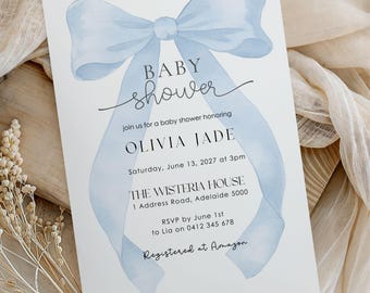 Blue Bow Baby Shower Invitation: Editable Canva Template (Digital Download)