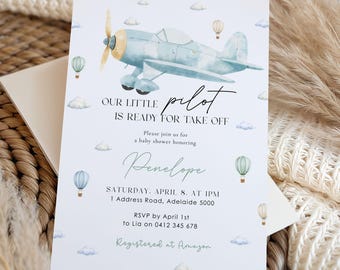 Little Pilot Baby Shower Invitation: Future Aviator Boy Invite (Editable 5x7in Canva Digital Download)