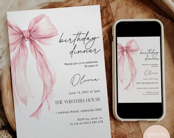 Elegant Pink Bow Birthday Dinner Invitation (Canva Template)