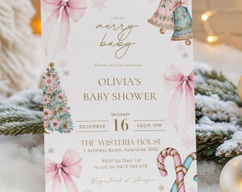 Merry Little Baby Shower Invitation, Christmas Baby Shower Template, Holiday Baby Invite, Pink Bow Baby Shower, Winter Baby Shower Invite