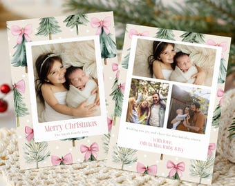Holiday Photo Card Template, Watercolor Tree Holiday Card, Editable Family Photo Christmas Card, Printable Holiday Greeting Template, Bow