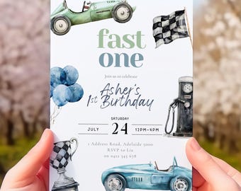 Fast One Birthday Invitation Template: Vintage Race Car (Digital Download)