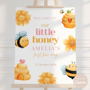 Our Little Honey Is One Welcome Sign | Bee 1st Birthday Party Sign | Whimsical Yellow Black First Birthday Decoration | 18x24 Printable