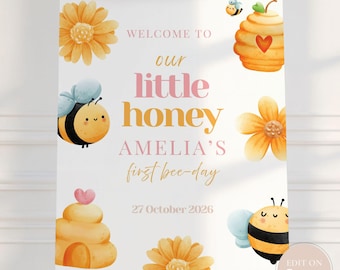 Bee Birthday Welcome Sign: 1st Birthday Easel Editable 18x24 (Digital Download)