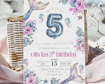 Mermaid 5th Birthday Invitation: Under the Sea Party (Canva Template)