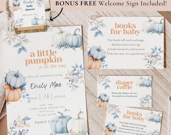 Op de afbeelding: Babyshower uitnodigingsset met een pompoen thema. De set bevat een welkomstbord, uitnodiging en kaarten voor boeken en een luier verloting. Het ontwerp toont aquarel pompoenen in blauw en oranje met bloemaccenten.