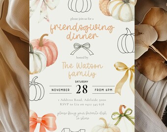 Friendsgiving Dinner Invitation: Editable Fall Bow & Pumpkin Invite, Thanksgiving Party Template, Printable Canva Download