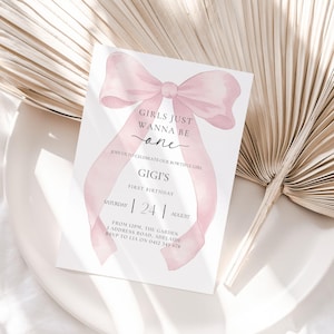 Pink Bow 1st Birthday Invitation | Girls Just Want to Be One | First Birthday Invite | Coquette | Editable Canva Template | Instant Download