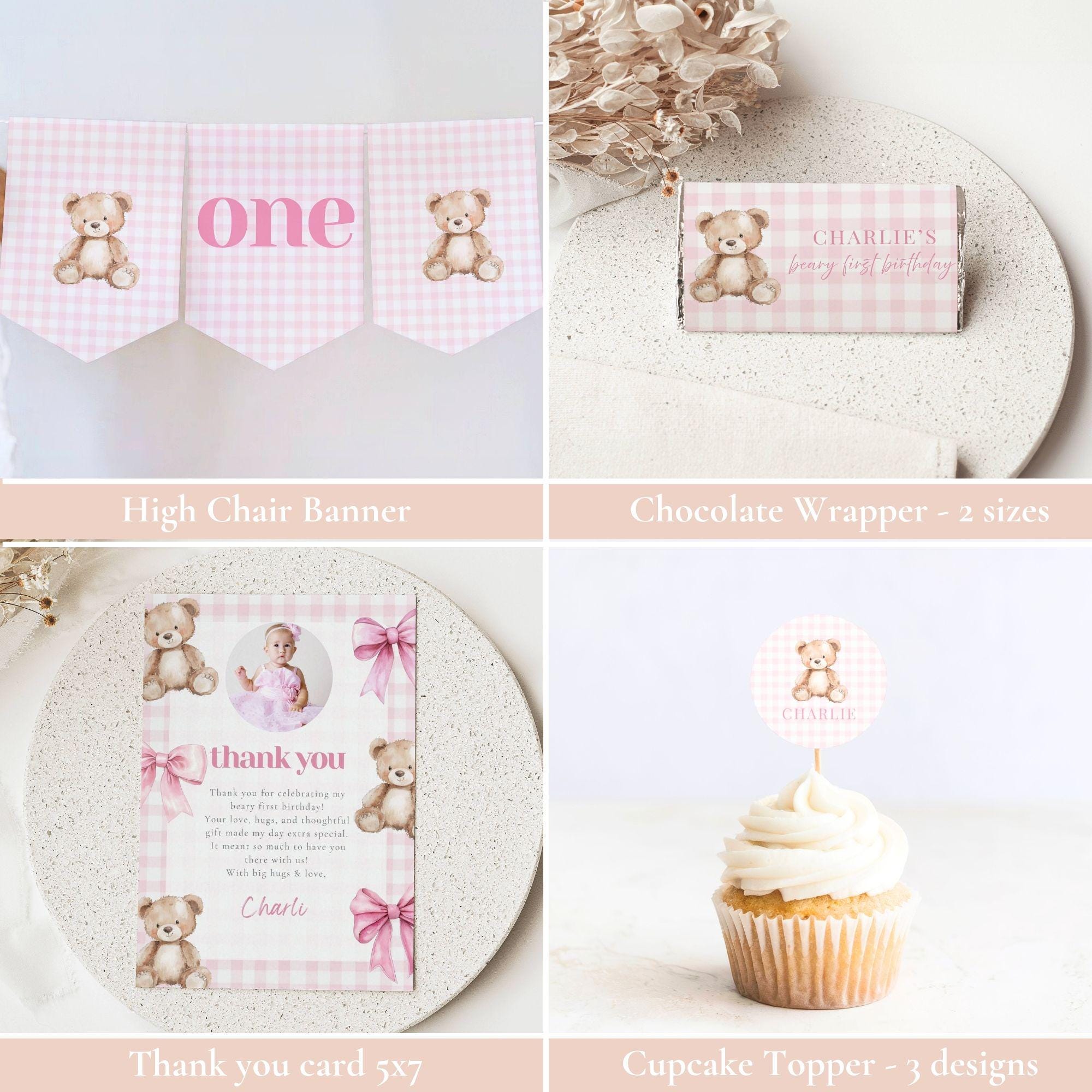 Pink Gingham Bear First Birthday Party Bundle (canva Digital Download ...