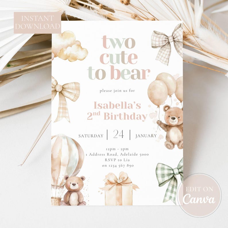 Editable “Two Cute to Bear” second birthday invitation with watercolor bear artwork, neutral tones, and forest theme – perfect for toddler parties.