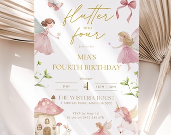 Flutter Into Four Fairy Birthday Invitation, Editable Fourth Birthday Invite, Fairy Garden Theme, Fairy Party Printable, 4th Birthday