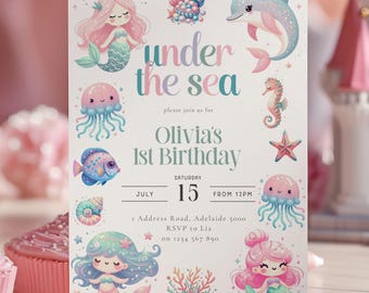 Oneder the Sea Birthday Invitation: Watercolor Mermaid, Ocean Theme (Canva Template)