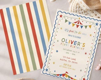 Fun to Be One Birthday Invitation Template, First Birthday Vintage Circus Party Invitation, Editable Canva Invite, Carnival Birthday Boy 1st